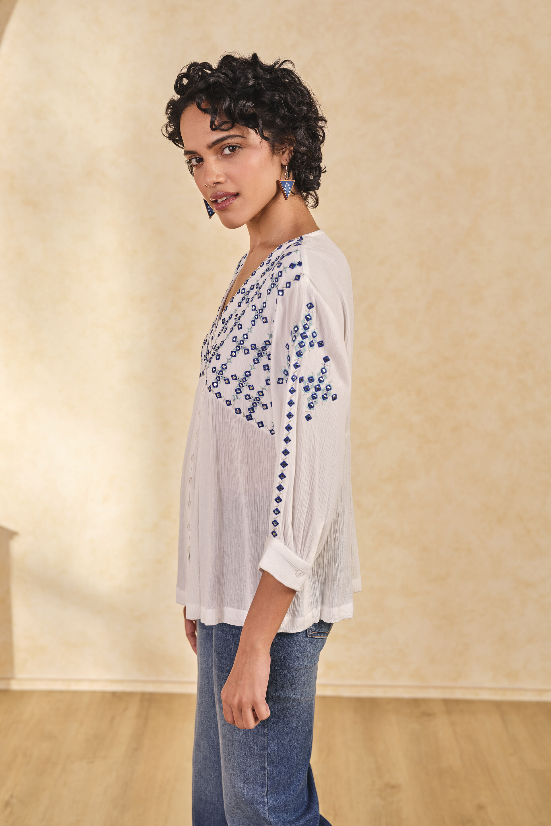 Embroidered White Top with Puff Sleeves, White, image 4